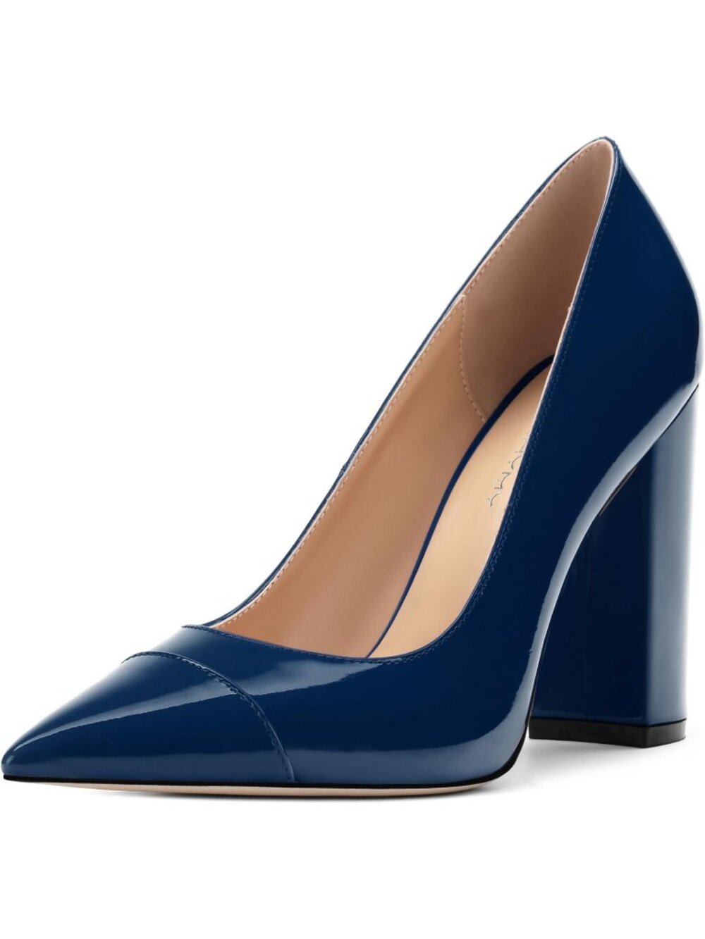 Women's Navy Blue Pumps Pointed Toe High Heel Fashion Shoes Block Heel 3.9 Inch
